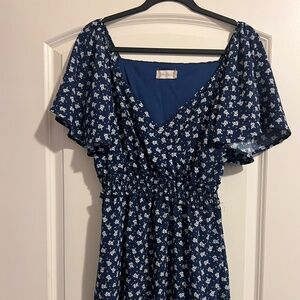 large altar'd state navy and white flutter sleeve v-neck mini dress